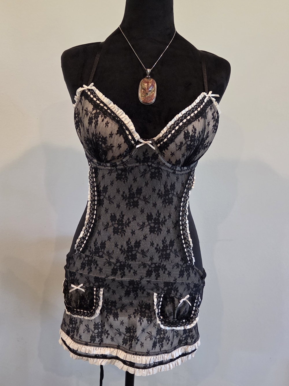 Black Lace Babydoll Lingerie with Cream Trim